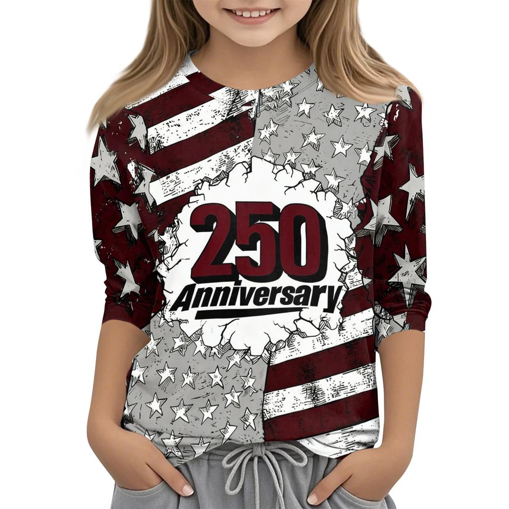Children's Independence Day Printed Round Neck Seven Quarter Sleeve Casual T-shirt