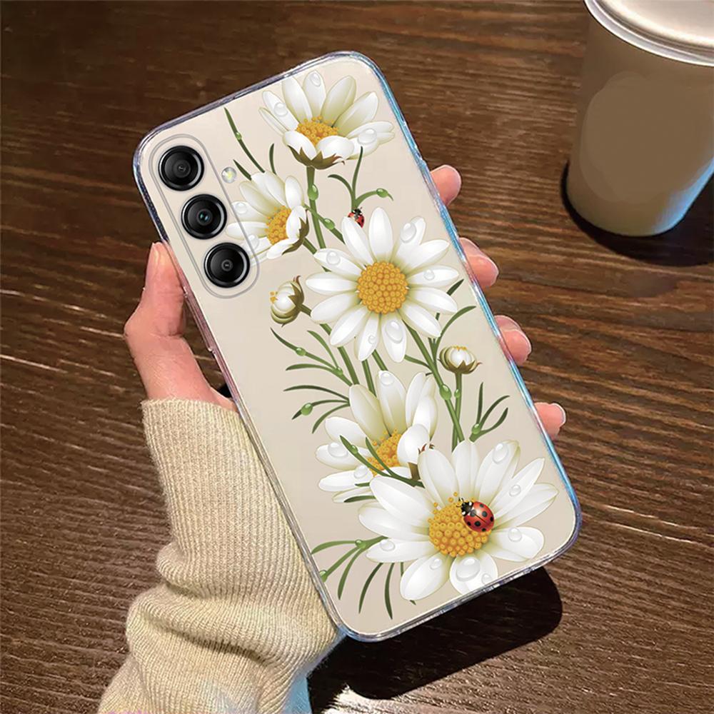 For Samsung Galaxy M13 M14 M15 M23 M33 M34 M53 M54 M55 Oil Painting White Daisy Flower Phone Case Clear Transparent Couple Cover