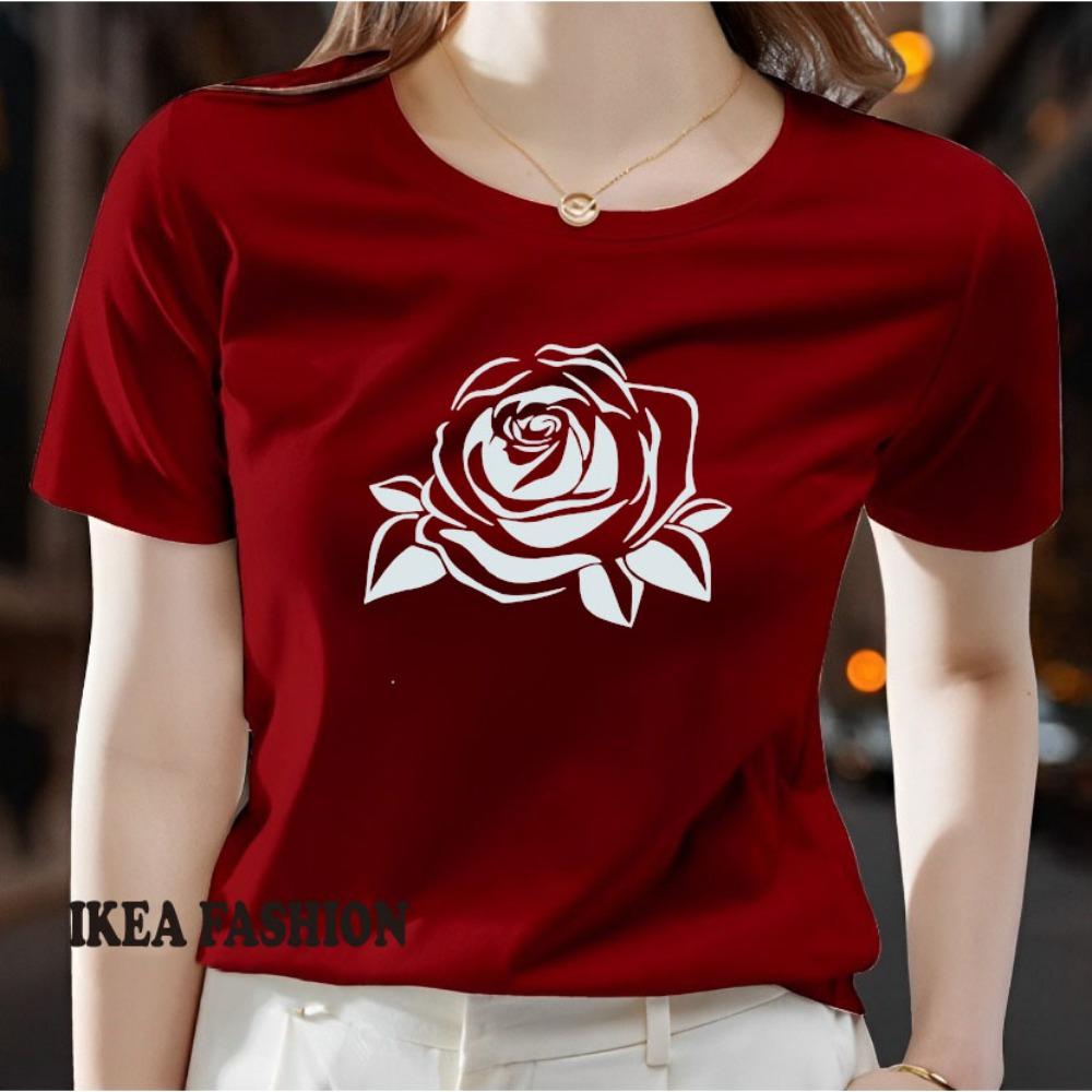 Ladies' Rose Printed T-shirt - Lightweight Polyester Short Sleeve Round Neck Top Machine Washable Spring, Summer, Autumn Casual Shirt