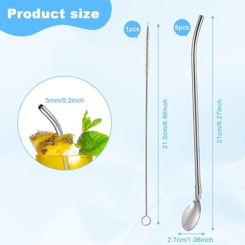 6Pcs Reusable Stainless Steels Straw Spoons With Cleaning Brush Cocktail Stirring Spoon For Beverages And Dessert