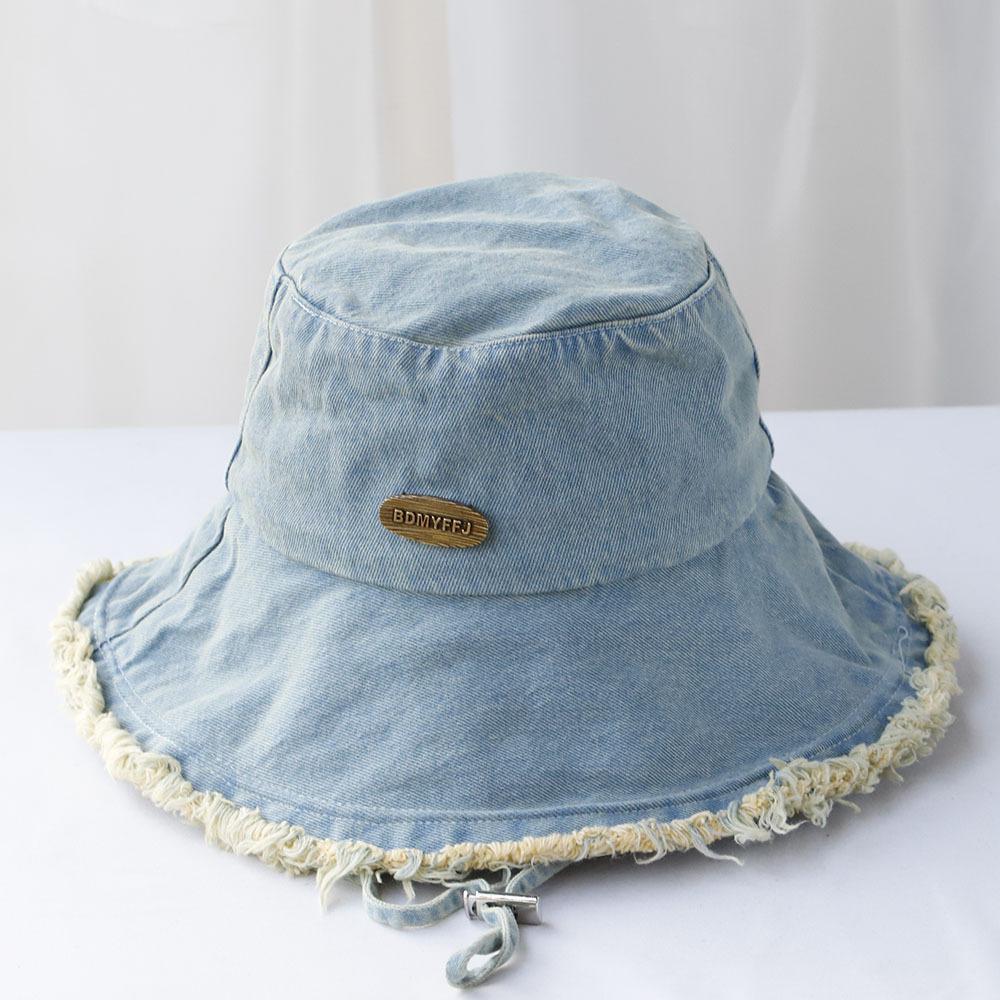 Spring New Pocket Design Denim Fisherman Hat Women Retro Big Head Circumference Sunshade Bucket Hat Basin Hat
