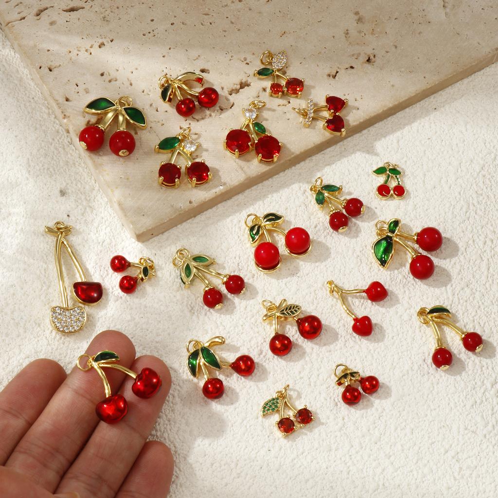 1 Piece Brass Charms 18K Gold Plated Red Cherry Fruit Cubic Zirconia Pendants For Necklace Bracelet Earrings Jewelry Making