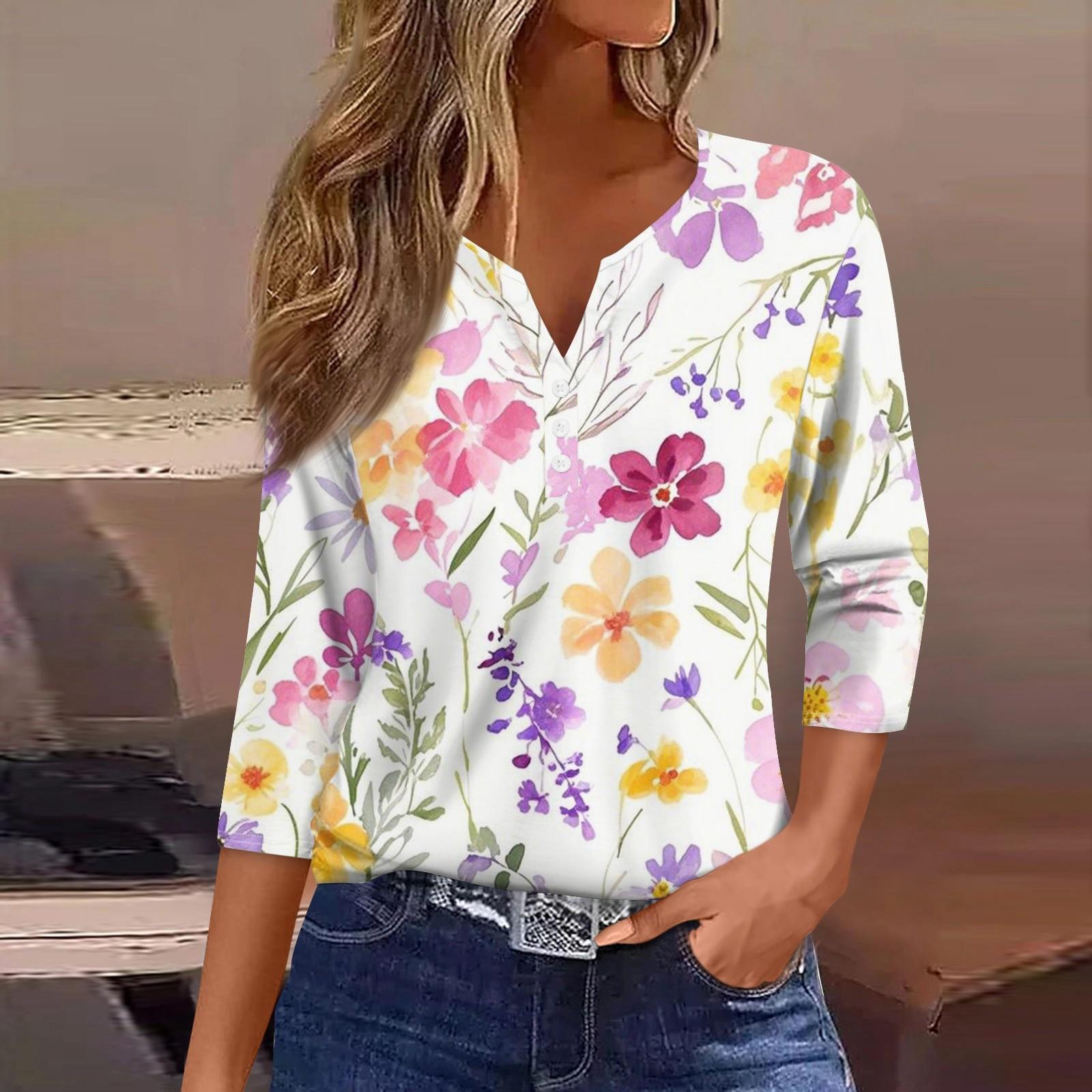 

Жен. Футболка Футболка С принтом Пуговицы Рукав 3/4 Повседневные Выходные Мода Классический Классический V-образный вырез Обычный Верх XL белый