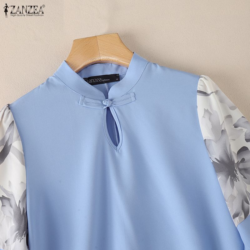 ZANZEA Women Casual Stand Collar Loose Splice 3/4 Sleeve Blouse