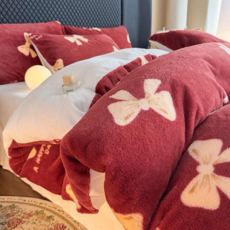new simple and cute polka dot milk fleece bed four-piece set autumn and winter thickened warm bedding four-piece set
