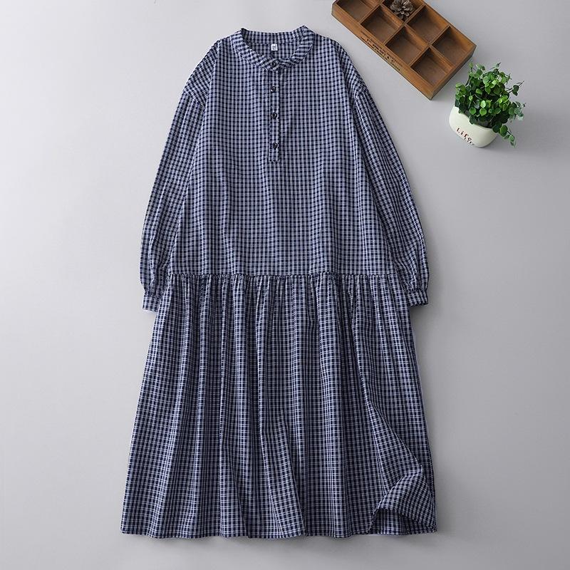 2025 spring new plaid dress retro casual loose and thin stand-up collar long-sleeved medium and long dress