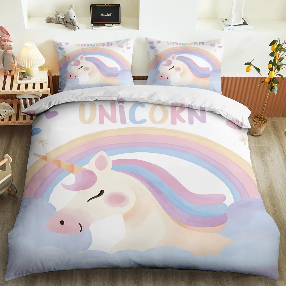 Kawaii Unicorn Colorful Luminous Unicorn Kids Bedding Set For Girls Pink Deluxe Quilt Cover Bedding Set King Queen Quilt Cover