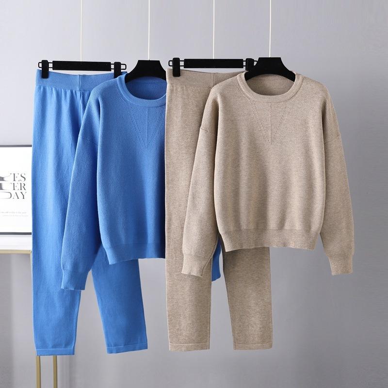 Autumn and Winter Large Size Fashion New Loose Casual Sweater Two-piece Set Solid Color Knitted Suit Female Trend