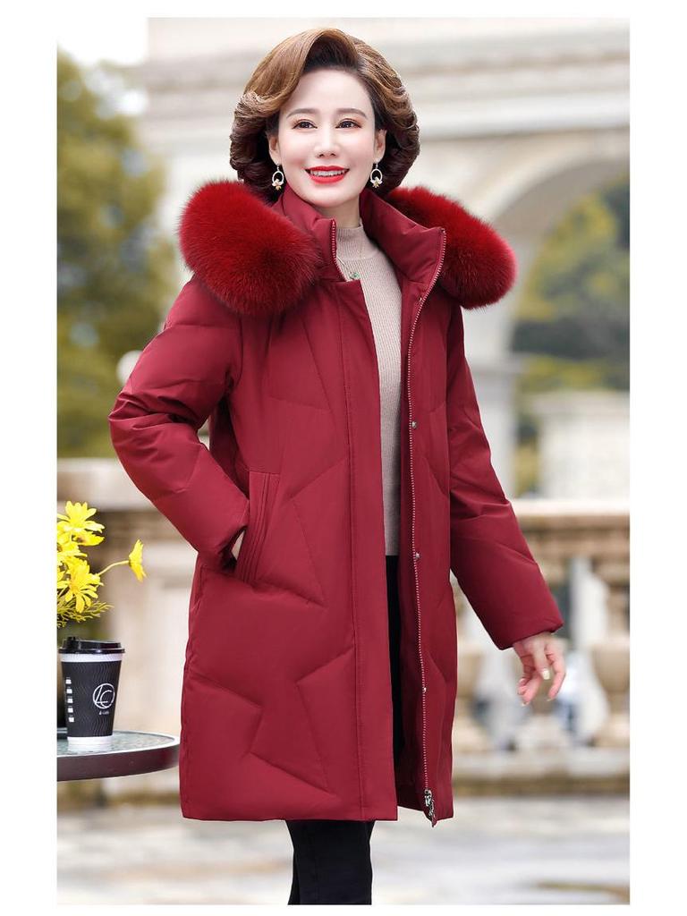 2021 Women's Mid-Length Korean Down Jacket with Real Fur Collar - Fashionable for Middle-Aged and Elderly