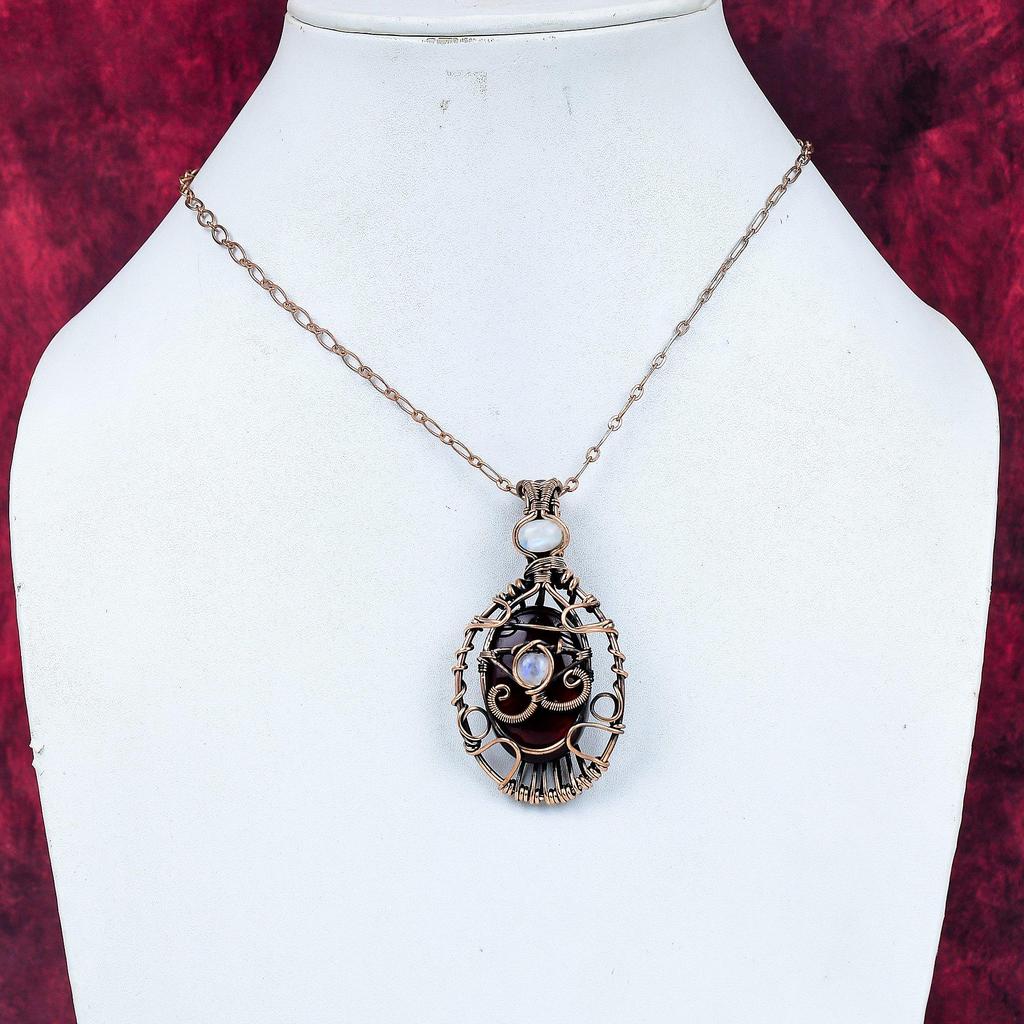 Evil Eye Red Fire Labradorite Pendant Copper Wire Wrapped Gemstone Jewelry