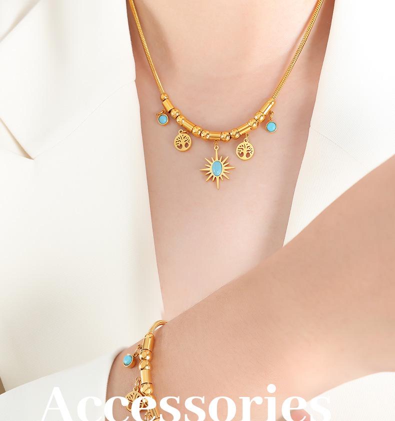 Fashion Commuting Jewelry Set: Little Sun Tree Pendant, Turquoise Design Bracelet & Necklace In Titanium Steel
