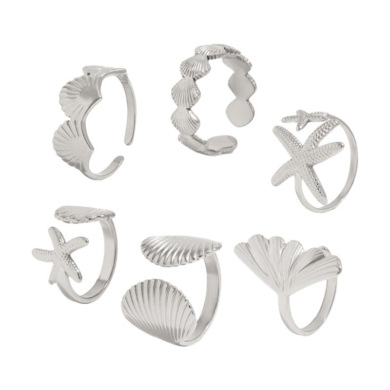 

6Piece Adjustable Open Joint Rings Set Starfish Shell Star Design Summer Beach Jewelry Gift for Women Friend Sisters