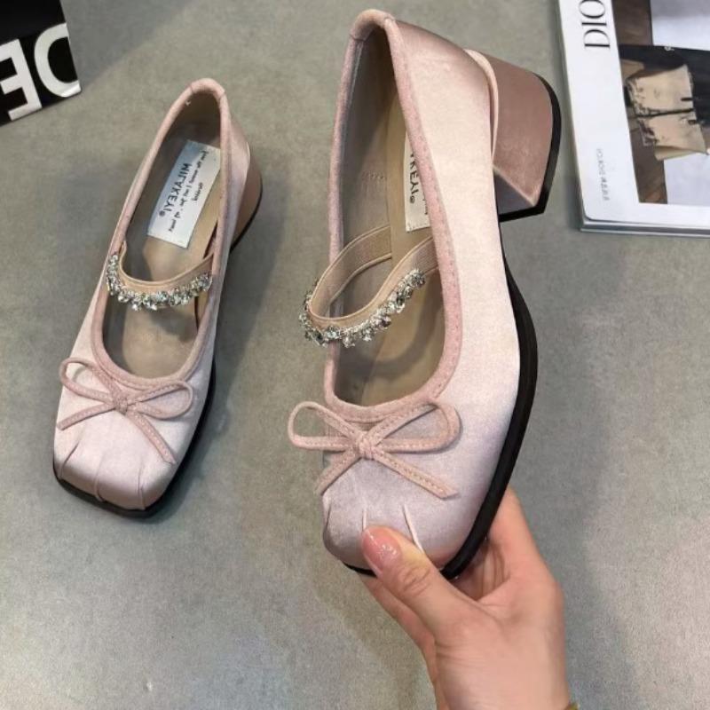 Fashion Coarse Heel Single Shoes Spring New Square Head Shallow Mouth Cloth Surface Butterfly Knot Set Foot High Heels