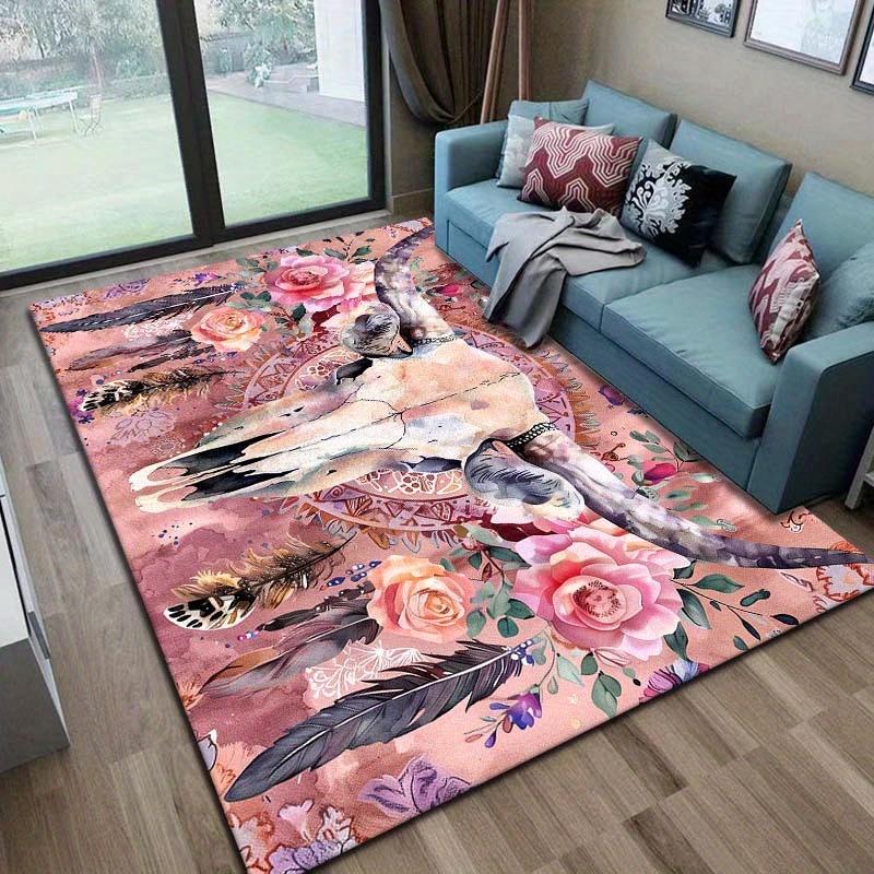 VIKAMA Western-Style Carpet With Bull'S Head And Rose Motif Office Chair Rug Living Room And Bedroom Carpet Home Decor