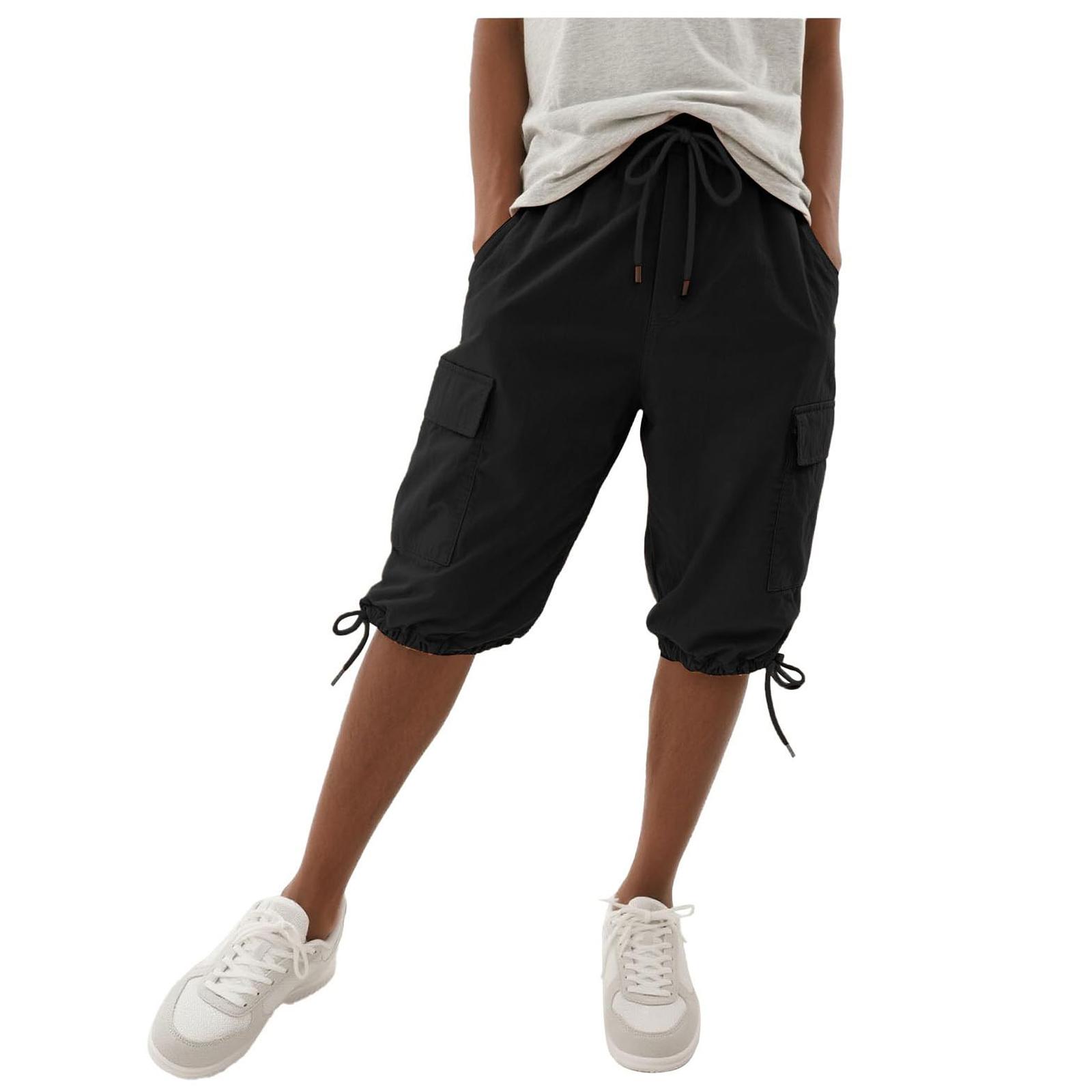 

Womens Shorts Knee Length Linen Elastic Waist Drawstring Shorts Summer Pants With Pockets XL чёрный