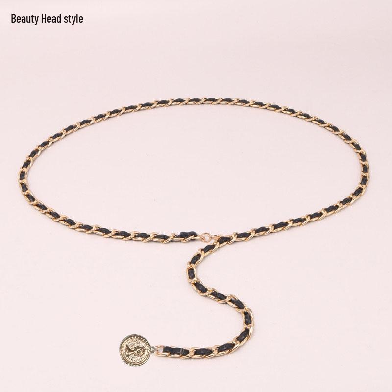 Love Pearl Heart Metal Chain Woven Waist Belt - Stylish Peach Heart Lady Cincher Chain