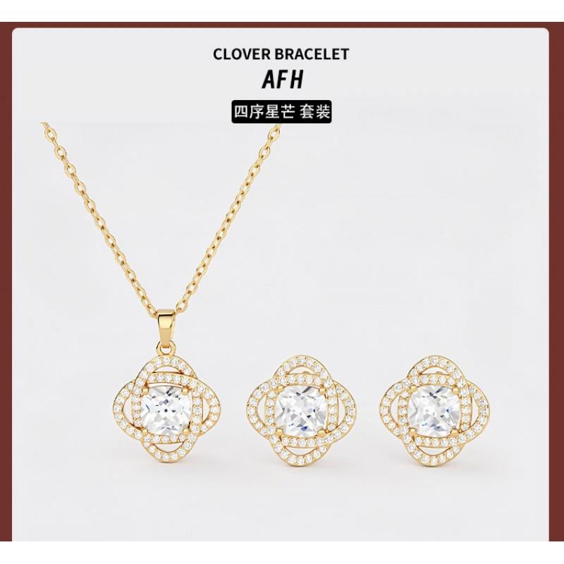 Jewelry Set Women Clover Design 16k Gold Plated Zircon Pendant Necklace Earrings Fashion