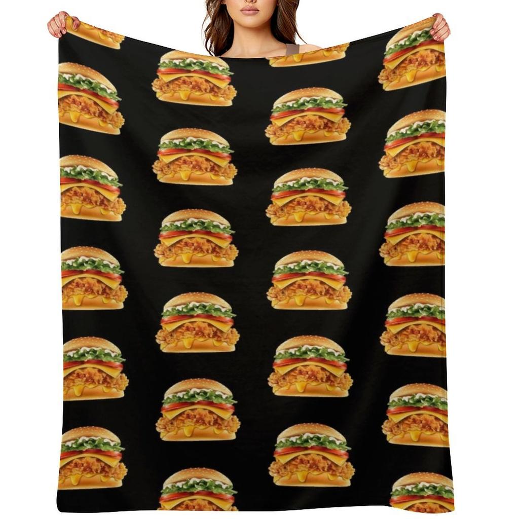 Crispy Chicken Burger With Melted Cheese Throw Blanket Flannel Fabric Loose Summer Tourist Blankets