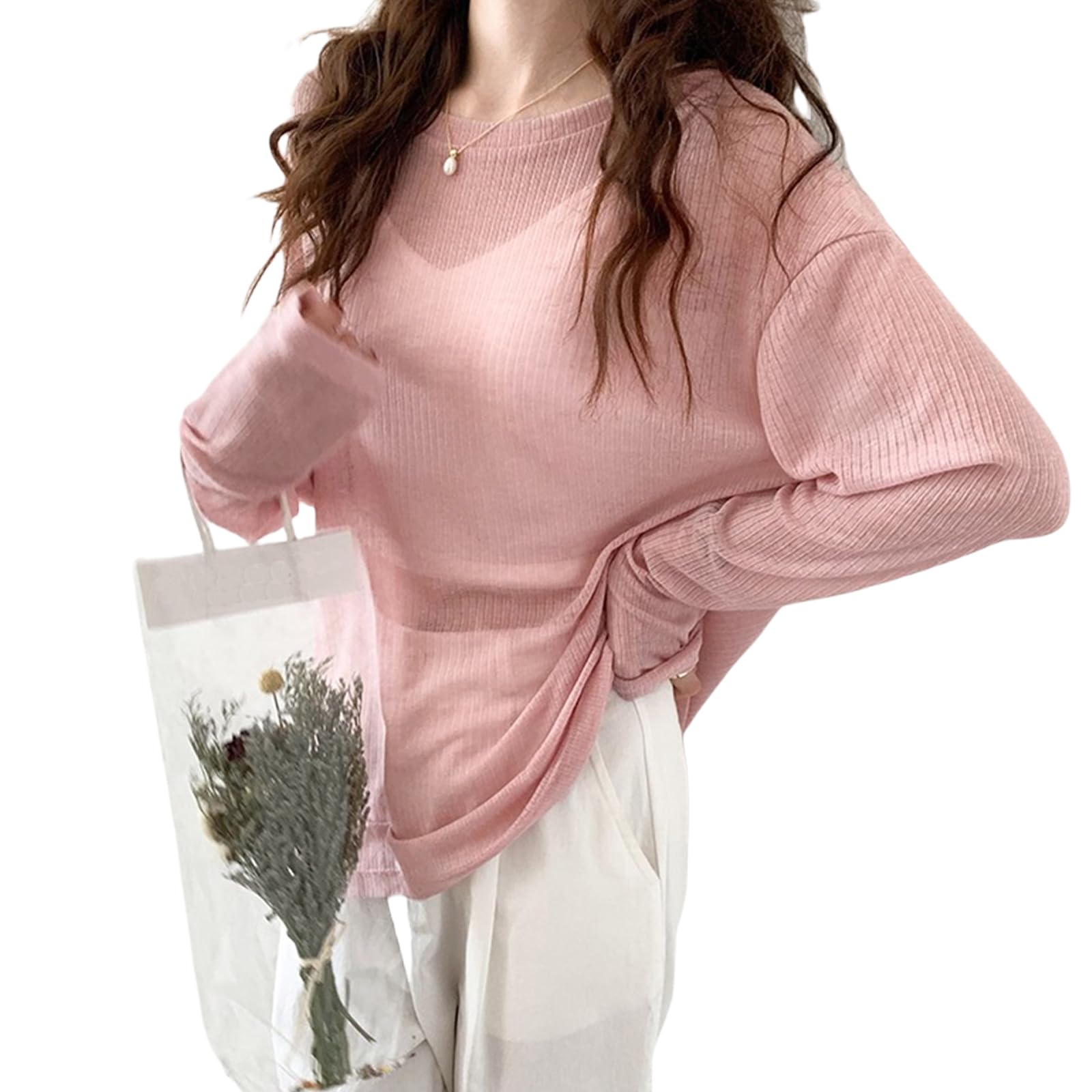 

MERONOCALLALY Летний вязаный сетчатый свободный длинный однотонный летний топ женский прозрачный топ, пуловер, облегающий, прозрачный, тонкий, вязаный, рукава, для многослойности, цвет, розовый