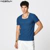 INCERUN Summer Men Square Collar Texture Fitted Casual T-shirts Tops Undershirts