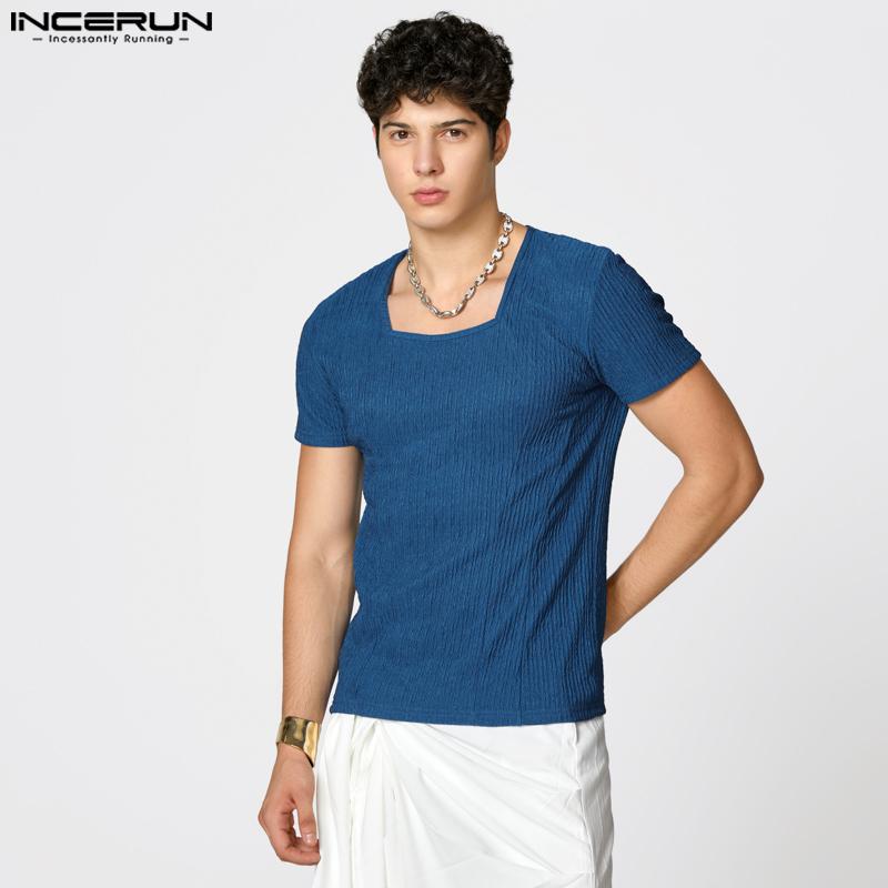 INCERUN Summer Men Square Collar Texture Fitted Casual T-shirts Tops Undershirts