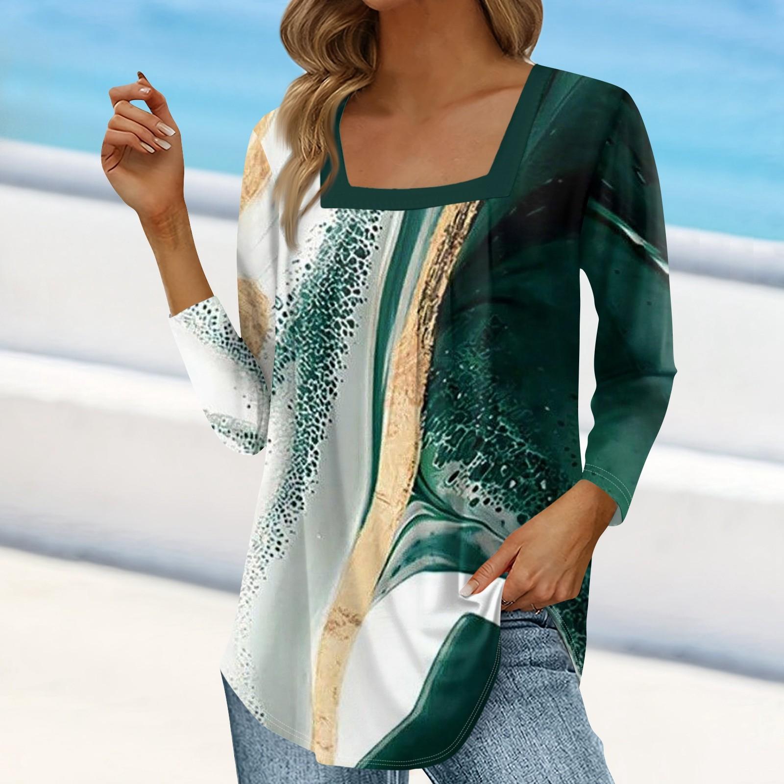 

Жен. Футболка Футболка С цветочным принтом Рукав 3/4 Повседневные Выходные Мода Классический Квадратный вырез Обычный Топ L