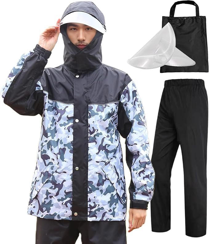 Formemory Men's Motorcycle Rainwear Set, Waterproof and Windproof, Separate Design for Heavy Rain, Heavy Duty, Lightweight, Camouflage Design (Size L)