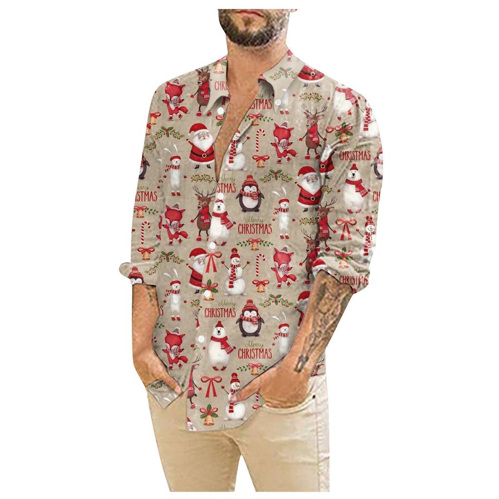 Men's Christmas Shirts Long Sleeve Floral Printed Button Up Tops Funny Cute  Graphic Dress Shirt