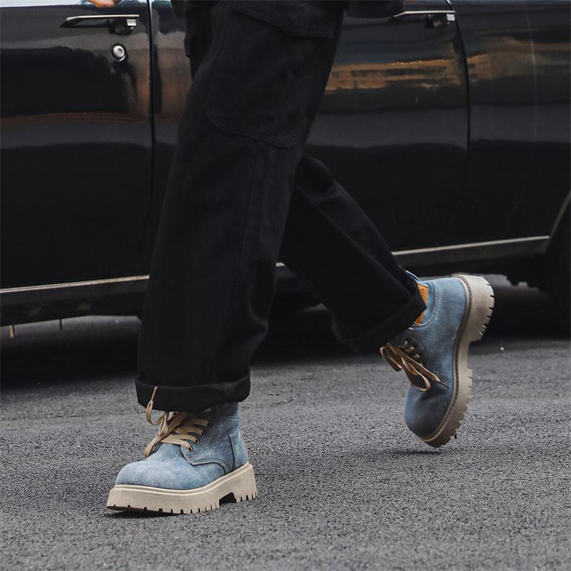 Fashion Blue Denim Men's Boot Autumn High Top Platform Cowboy Boots Man Original Casual Short Barrel Boots Men botas para hombre