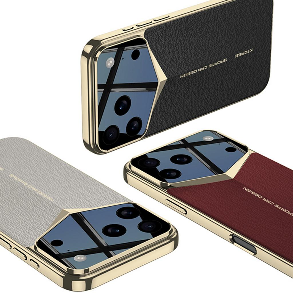 GKK For iPhone 17 Pro Max Case Matte Leather Coated PC Phone Cover with Electroplated Golden Edge