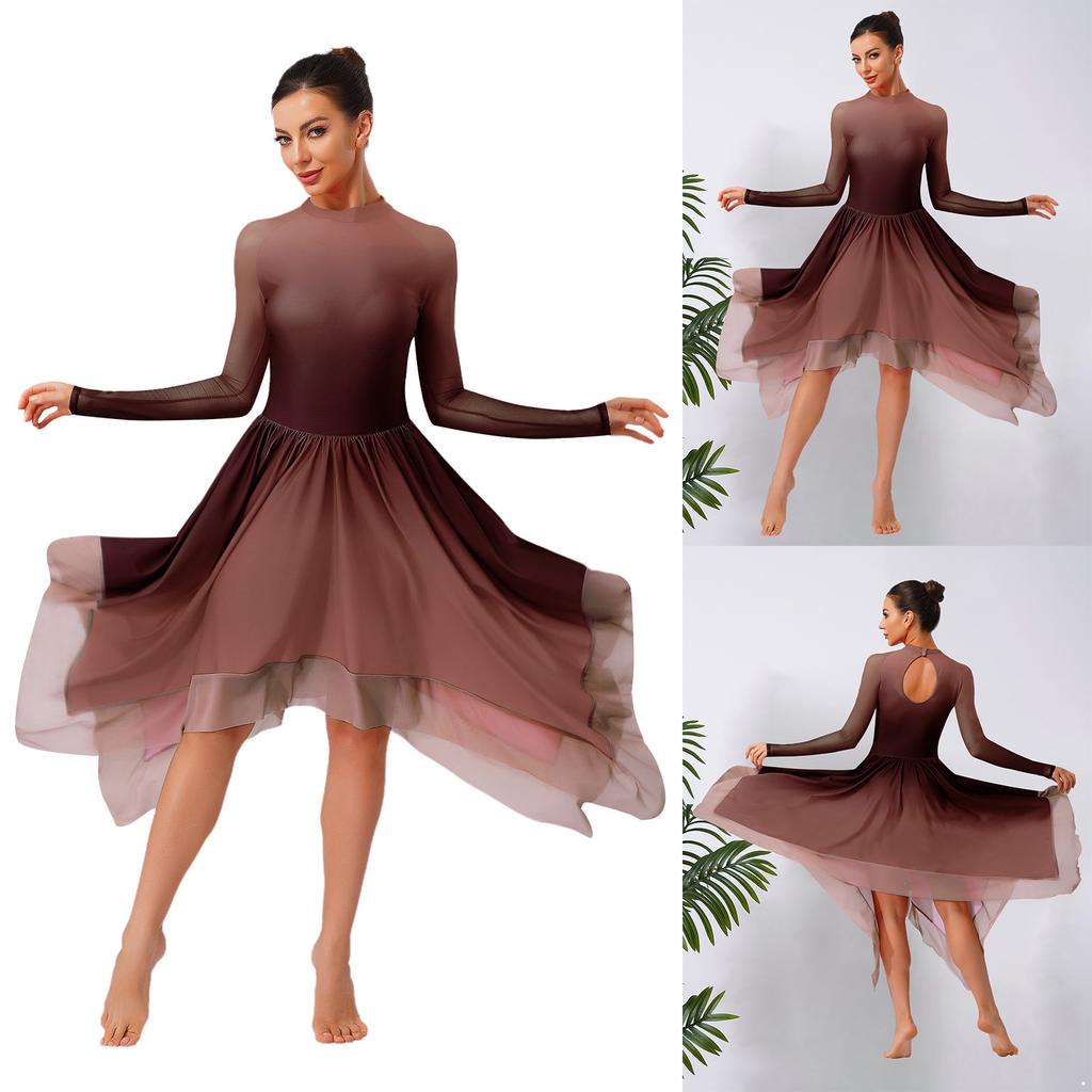 Collant de Dança Lírica com Decote Gota nas Costas e Mangas Compridas de Malha Feminino Vestido Degradê Bainha Irregular para Apresentação