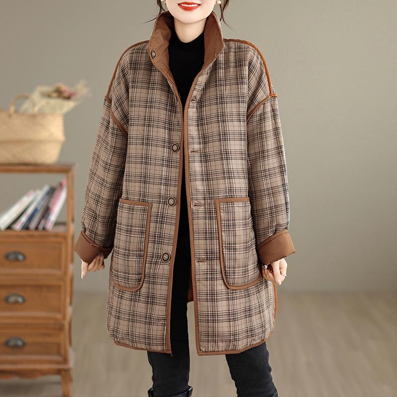 Women s Retro Plaid Thickened Cotton Padded Jacket - Casual, Warm, Versatile Winter Coat XL