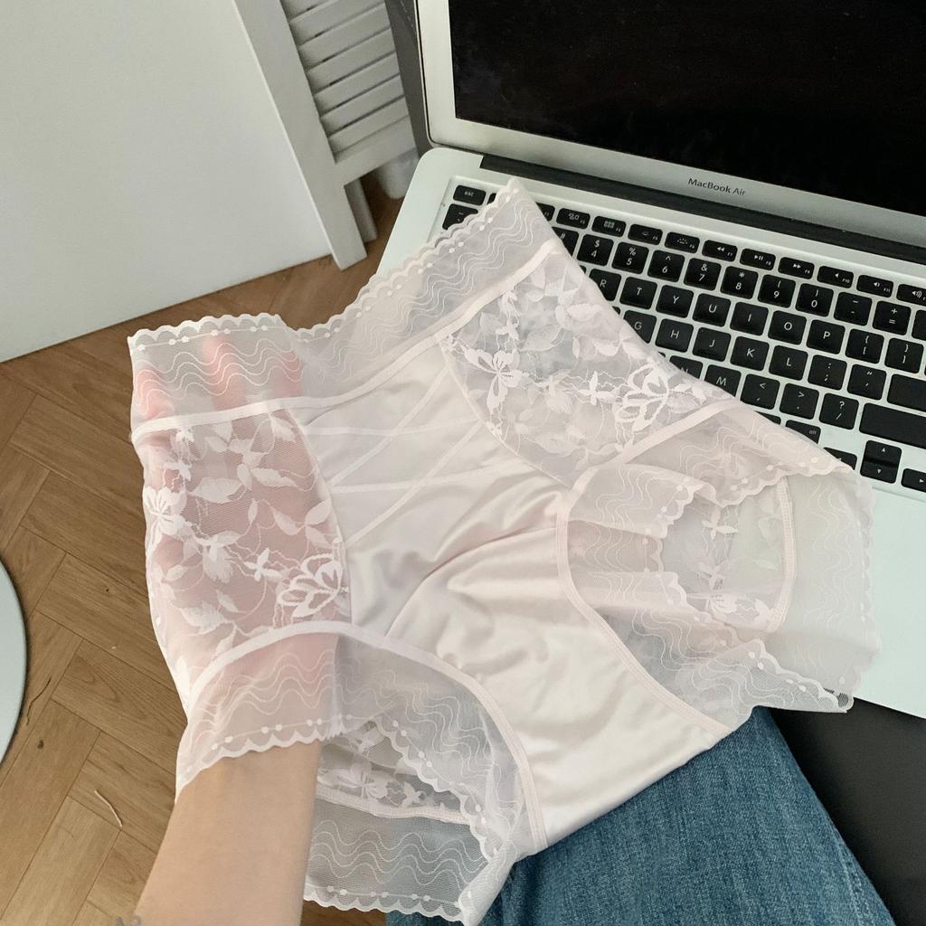Ladies Summer Satin Lace Cross Tuck in Ice Silk Quick Dry No Trace High Waisted Briefs