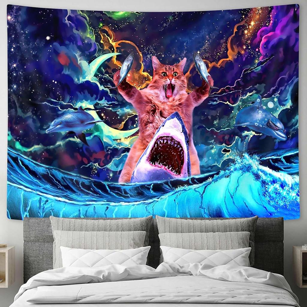 Funny Tapestry for Boys Blacklight Cat Tapestry Cat Riding Shark Tapestries Blue Ocean Wall Tapestries UV Reactive Wall Decor
