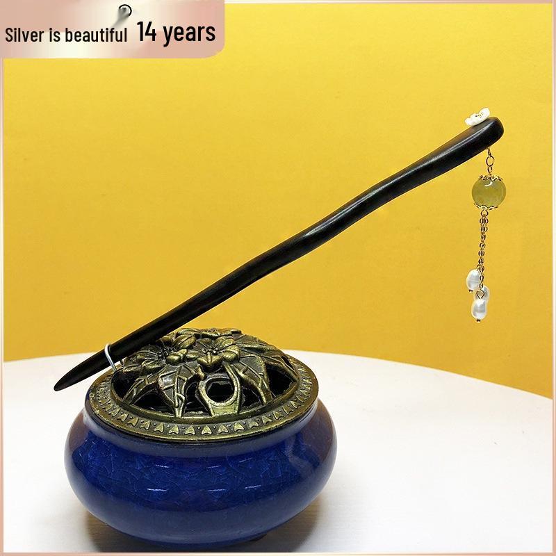Original Green Grape Bead Tassel Headdress – Hanfu Style Retro Wooden Hairpin