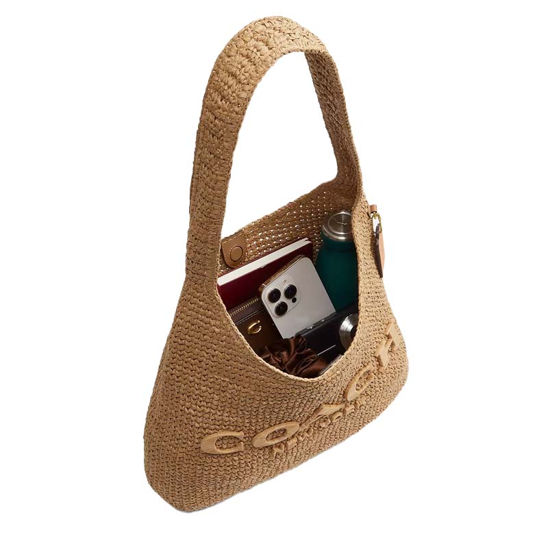 Coach Brooklyn 34 Magnetic Closure Straw And Calfskin Shoulder Bag Large Women Shoulder Bag Light-Brown CDZ38-B4NA