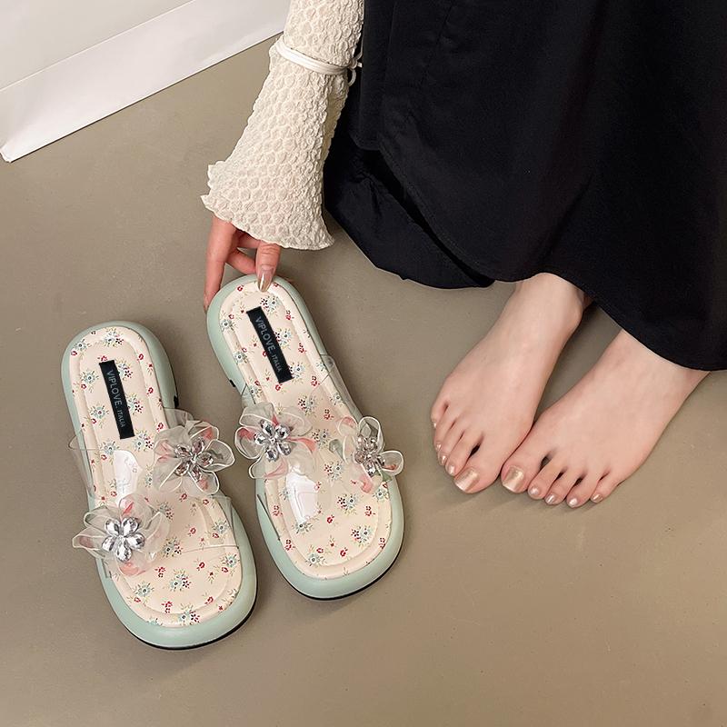 Summer Block Heel Flip Flops Summer New Round Head Sequin Flower Open Toe Soft Bottom Non-Slip Cool Mopping