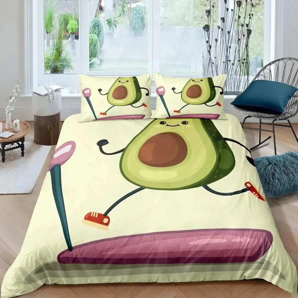 Avocado Duvet Cover Set Queen Size 3D Printed Cartoon Funny Faces Avocado Bedding Set Green White,Tropical Botanical Quilt Cover