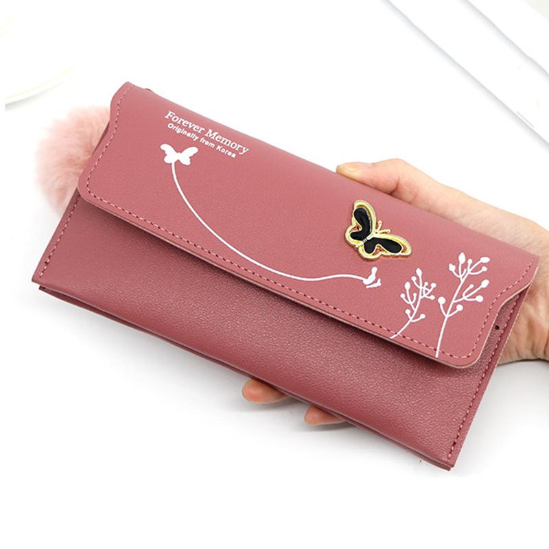 Fashion Fur Ball Wallet for Women Solid Color PU Leather Long Standard Wallets Butterfly Card Holders Purse Female Bag