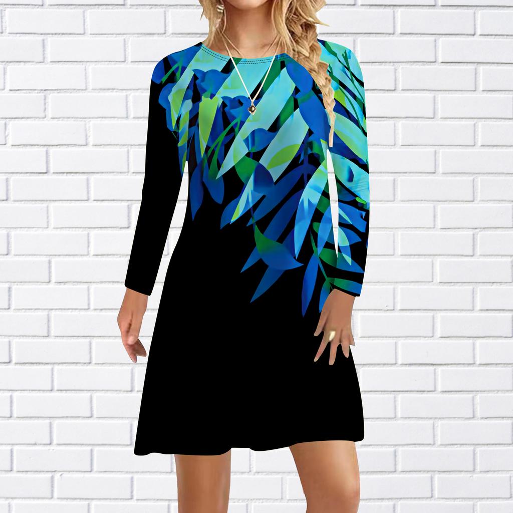 Women Casual Dress Autumn Blue Bamboo Leaves Print Dresses For Women O-neck Short Sleeve Dress Plus Size