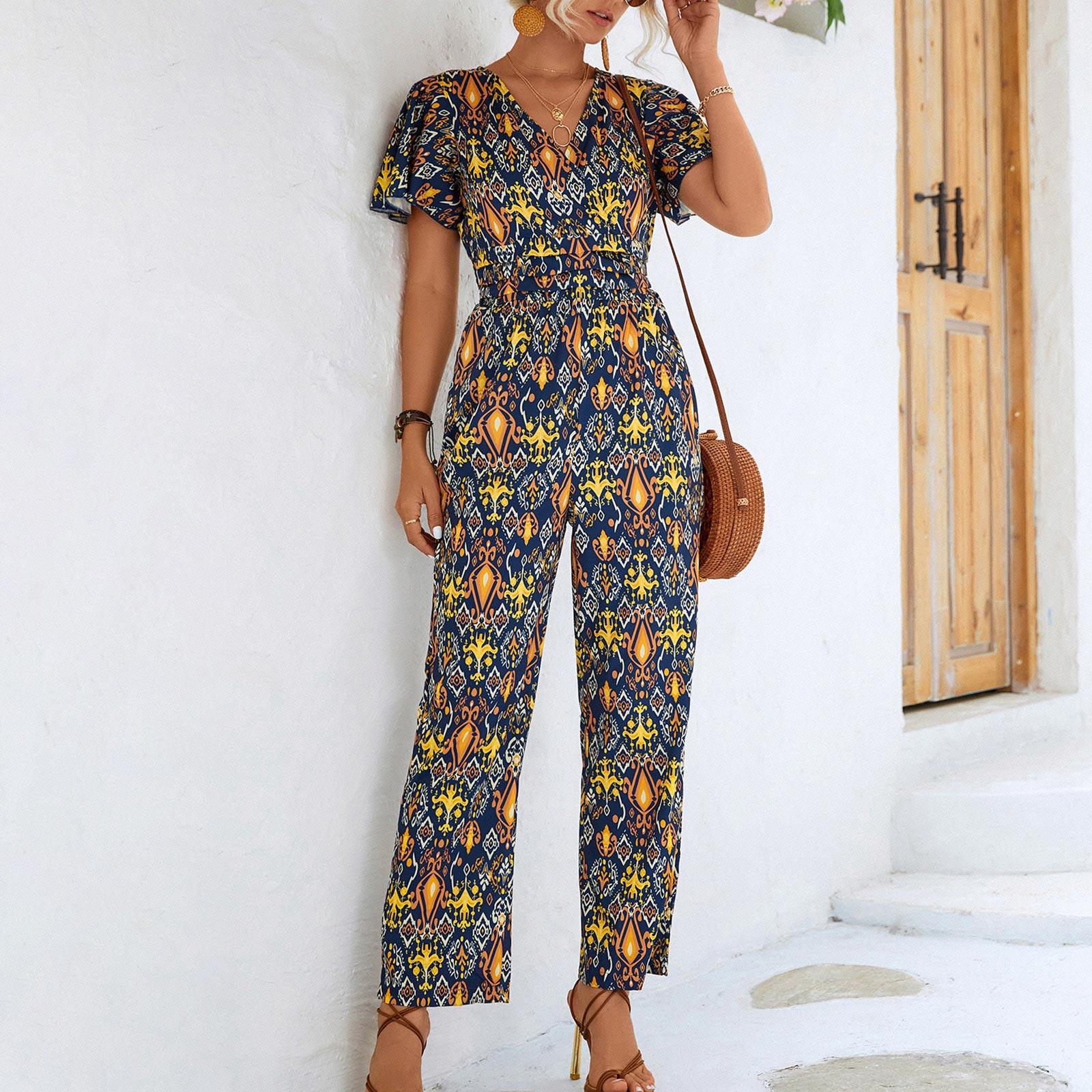 

Модный женский повседневный комбинезон с v-образным вырезом и короткими рукавами с принтом XL тёмно-синий