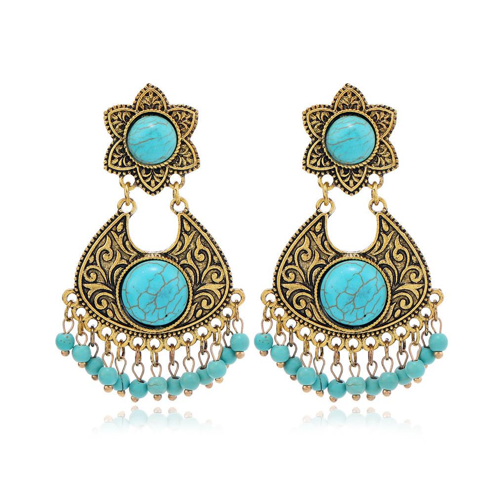 Vintage Silver Alloy Dangle Earrings With Turquoise Beads For Women Summer