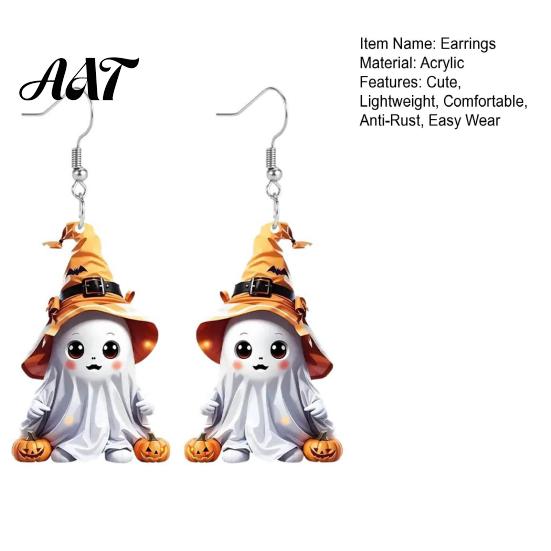 Holiday Themed Jewelry 1 Pair Halloween Cute Ghost Earrings, Acrylic Dangle Earrings with Witch Childlike Accessories Hat Pumpkin Bat, Anti-Rust Metal