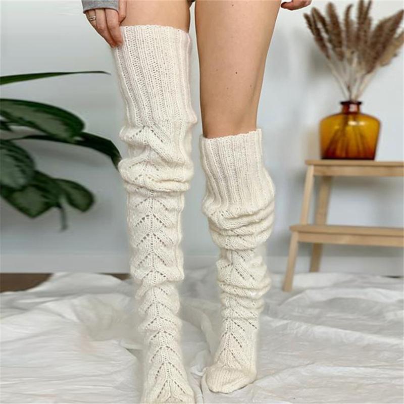 Hollowed Out Knitted Over Knee Long Socks for Women Winter Fall Thigh High Stockings Solid Color Thermal Long Leg Warmer