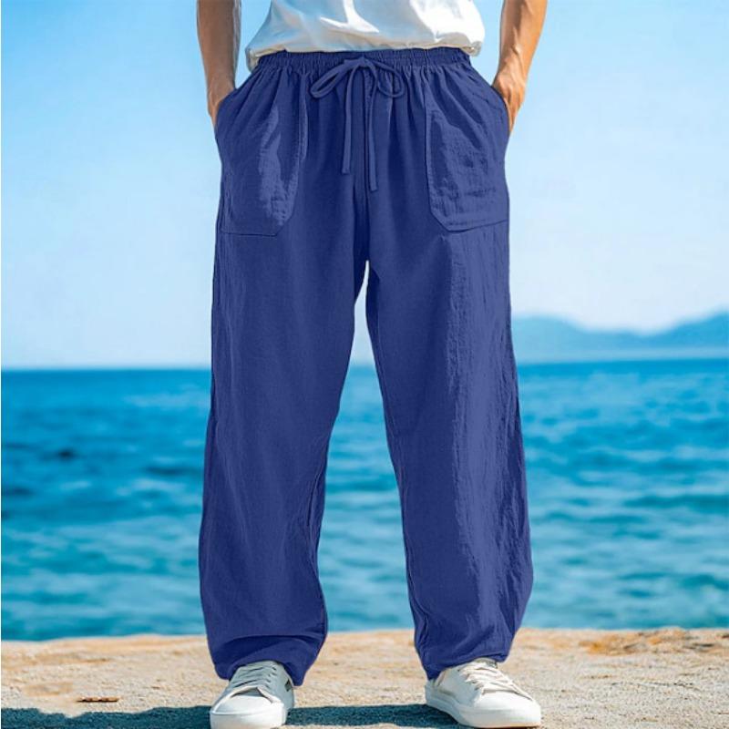 Men Linen Casual Pants Elastic Drawstring Waist Loose Wide Leg Side Pockets Summer Beach Long Trousers