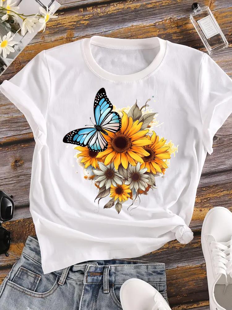 (Asian Size)  Tee Women Clothing Flower Lovely Trend Cute Casual Top Short Sleeve T Shirt Fashion Print Lady Female Graphic T-shirts