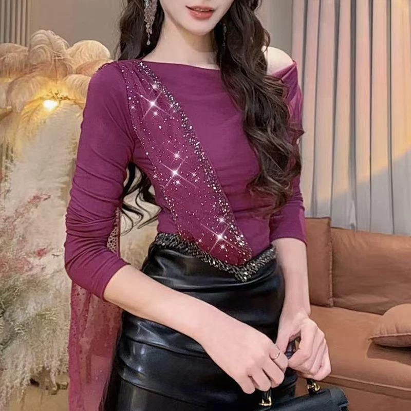 

Новая сексуальная сетчатая осенняя футболка, тяжелая промышленность, облегающий крой, вставка, длинный рукав, облегающий низ топ для женщин 4XL розовый