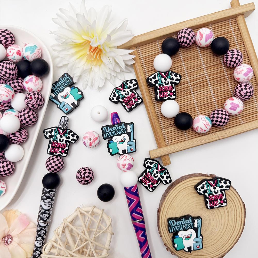 34Pcs Dental Care Theme Silicone Beads Set DIY Beaded Necklace Bracelet Decoration Pen Jewelry Pendant Etc. Holiday Birthday Gift