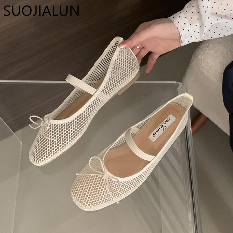 Fashion SUOJIALUN 2025 Summer New Brand Women Flat Shoes Fashion Mesh Ladies Elegant Boat Shoes Round Toe Shallow Slip On Ballerina Shoe