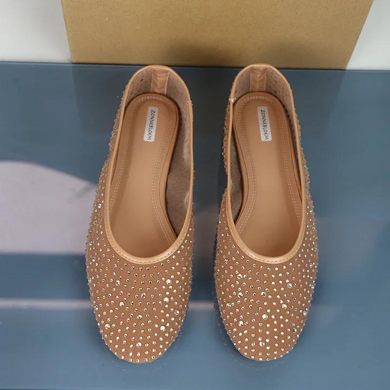 Fashion Luxury Rhinestones Women's Ballet Flats Breathable Mesh Shallow Comfort Casual Shoes Brand Designer 2025 Spring Ladies Footwear